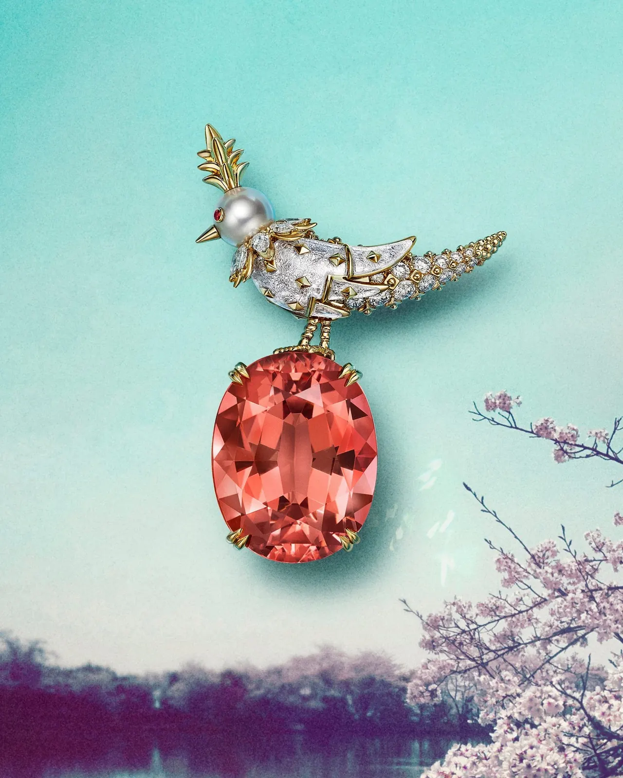 Tiffany & Co. Bird on a Rock brooch celebrating spring season for Tiffany Ginza first anniversary