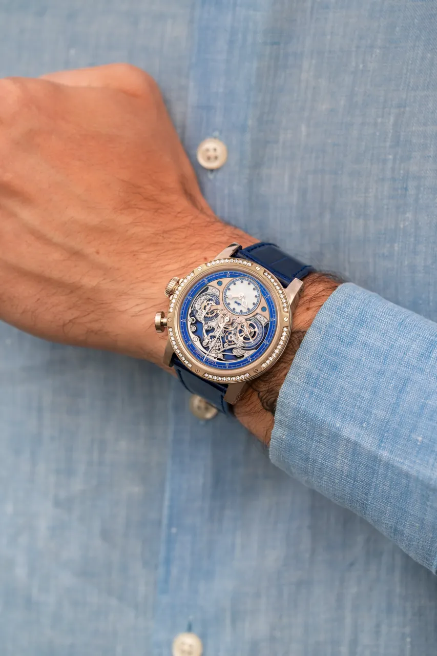 Louis Moinet Memoris Diamonds in 18K red gold with VVS diamond bezel and blue sapphire dial