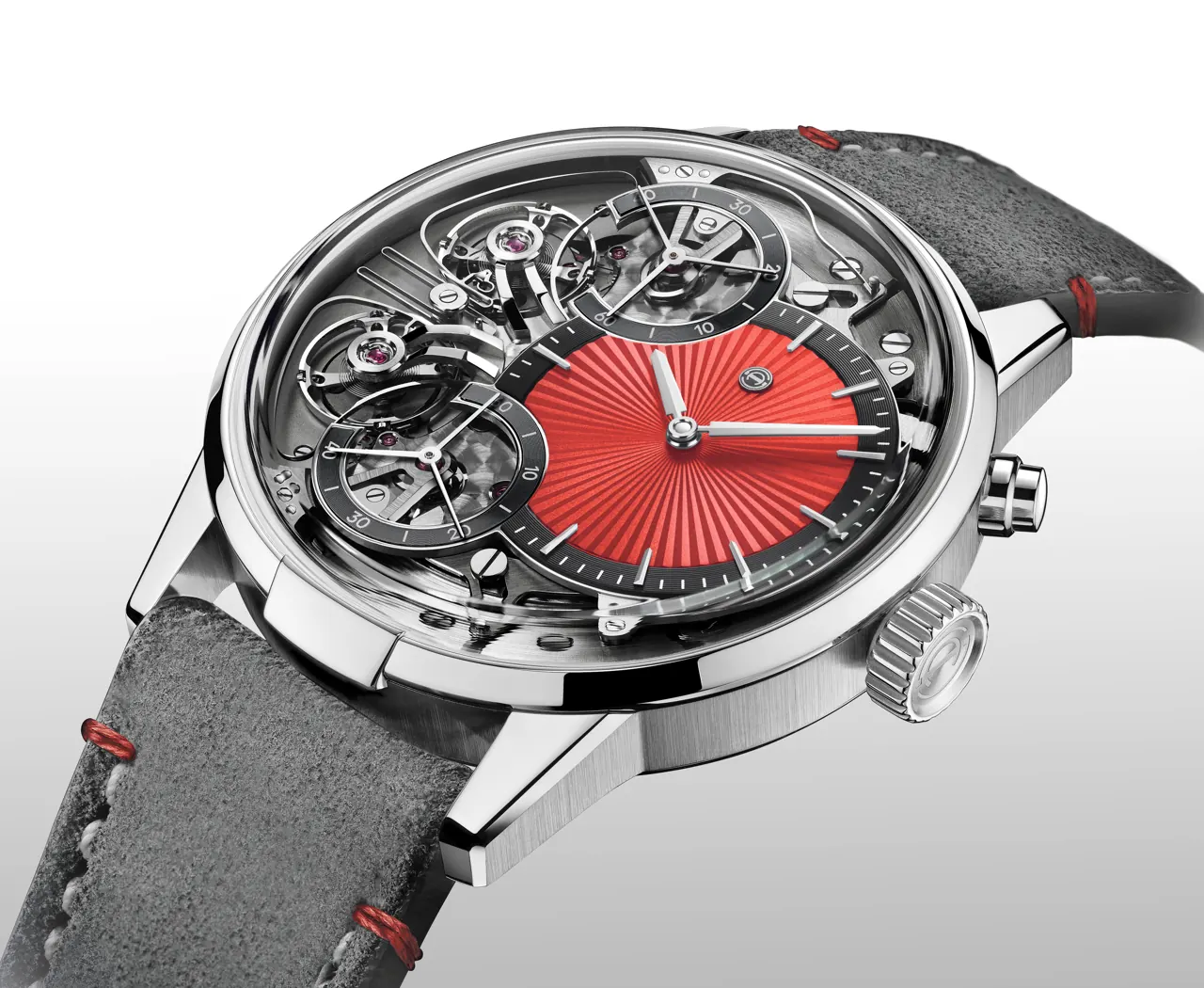 Armin Strom Mirrored Force Resonance Red front dial view showing red guilloché and black azuré chapter rings