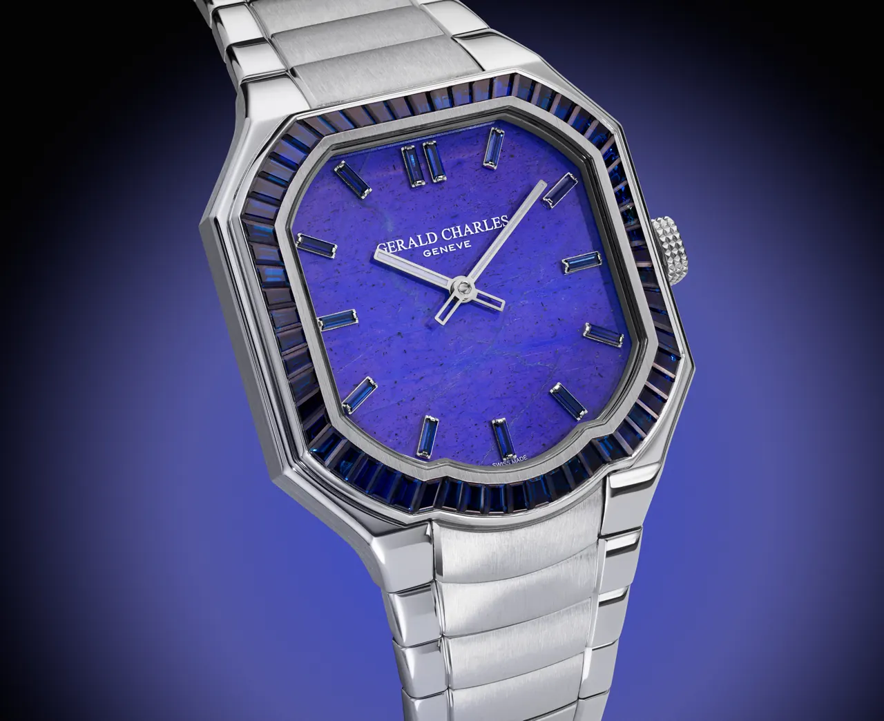 Gerald Charles Masterlink Gem Set Stone Dial aventurine green dial with white gold baguette sapphire bezel