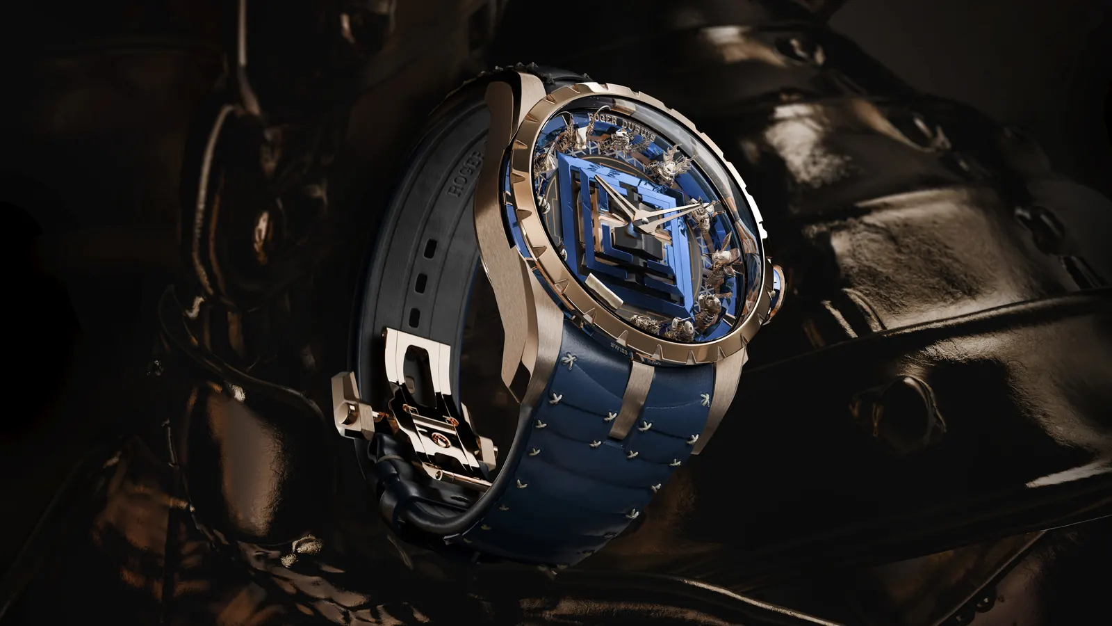 Roger Dubuis Excalibur Kabuto Legacy dial showing twelve micro-sculpted samurai helmets in 18K pink gold