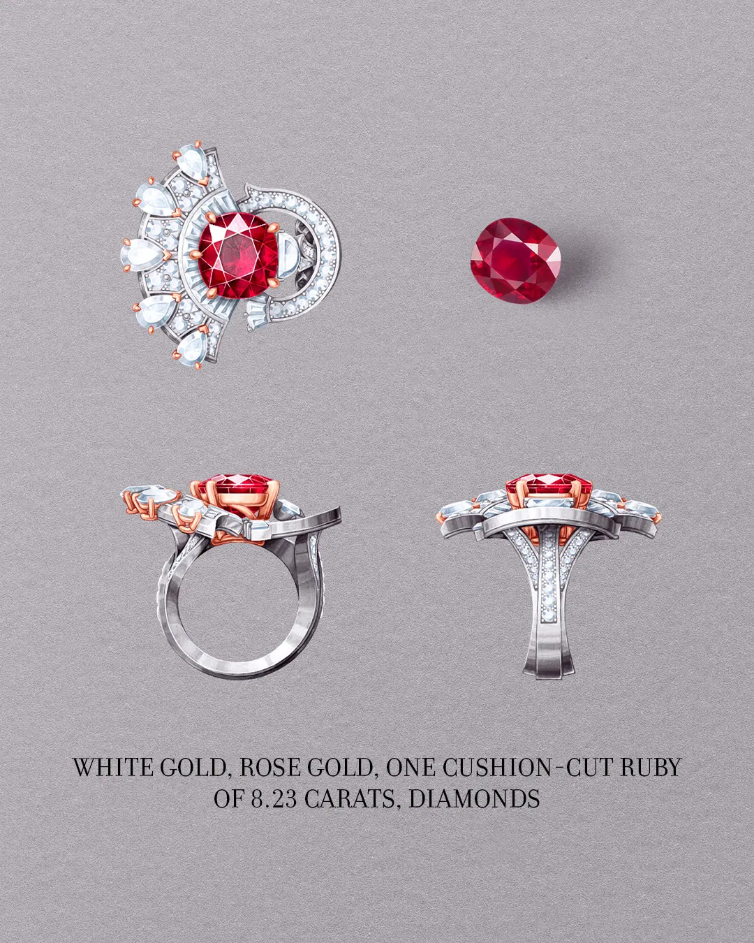 Close-up of the 8.23-carat Mozambique ruby at the centre of the Van Cleef & Arpels Ronde du rubis ring