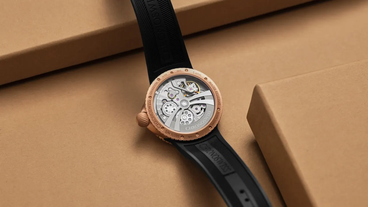 Chronoswiss Pulse GMT Frosted Guilloche Gold 41mm 18ct gold case with integrated rubber strap