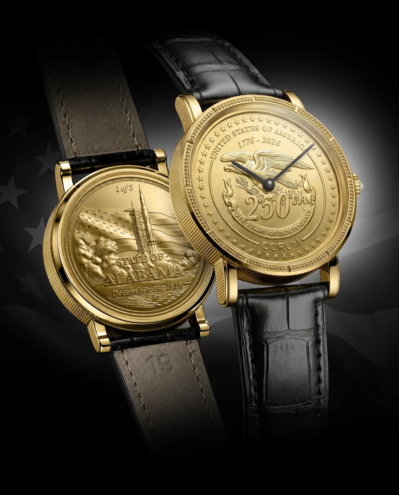 Corum Heritage Coin collection display showing multiple state-dedicated pieces from the 50-creation series