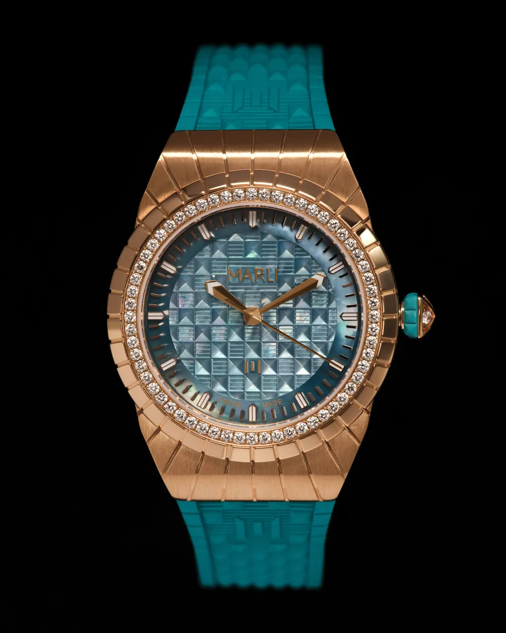 Close-up of Teal L35 diamond-set bezel and transparent caseback detail