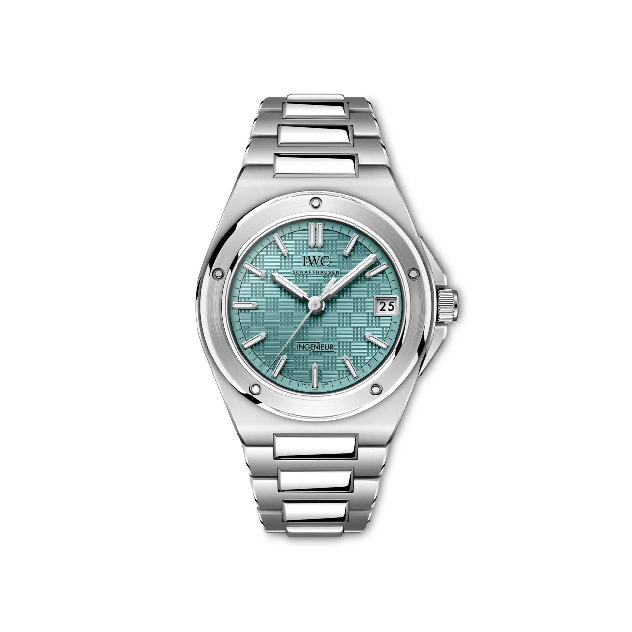IWC Ingenieur Automatic 35 Pool dial close-up showing Grid pattern and rhodium-plated hands