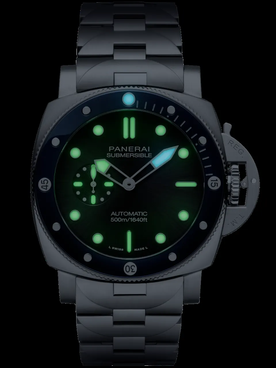 Close-up of PAM01756 black sun-brushed no-date dial with white Super-LumiNova indices and small seconds at 9 o'clock