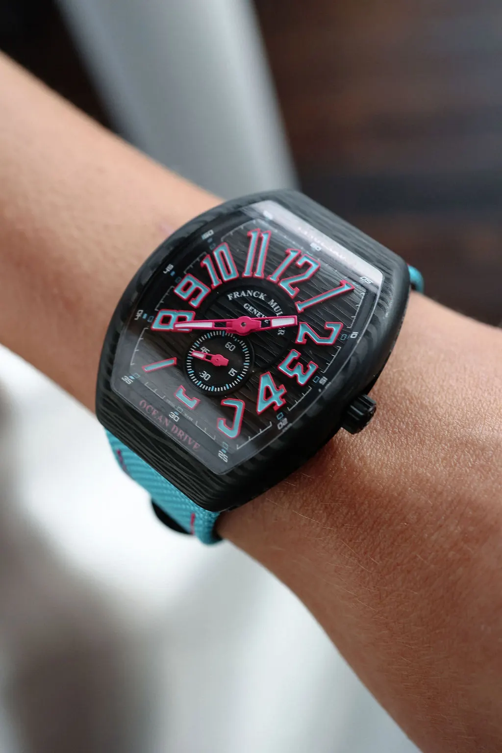 Close-up of Franck Muller Vanguard Ocean Drive carbon case texture, 150 compressed layers