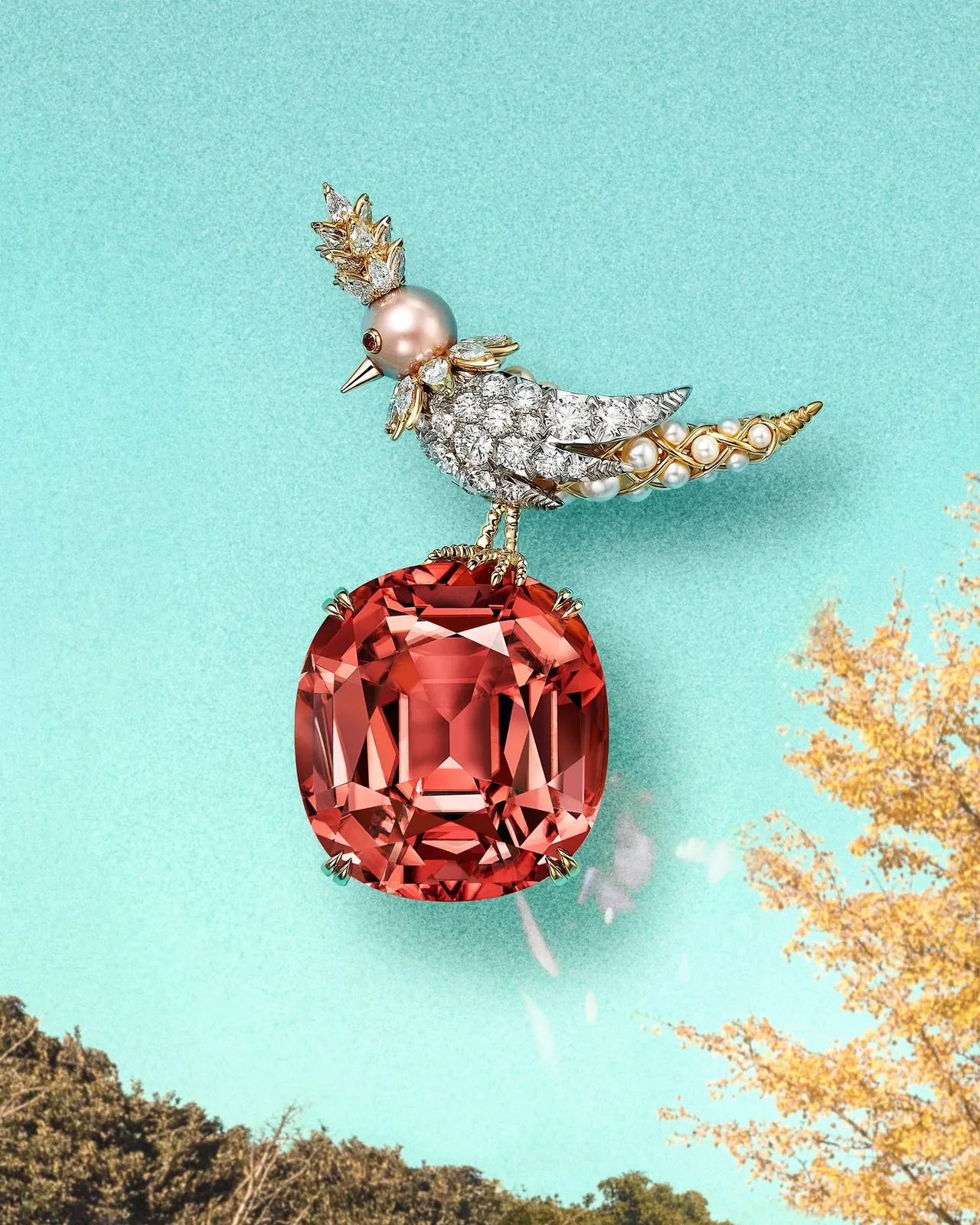 Tiffany & Co. four seasons Bird on a Rock brooches displayed at Tiffany Ginza Tokyo flagship