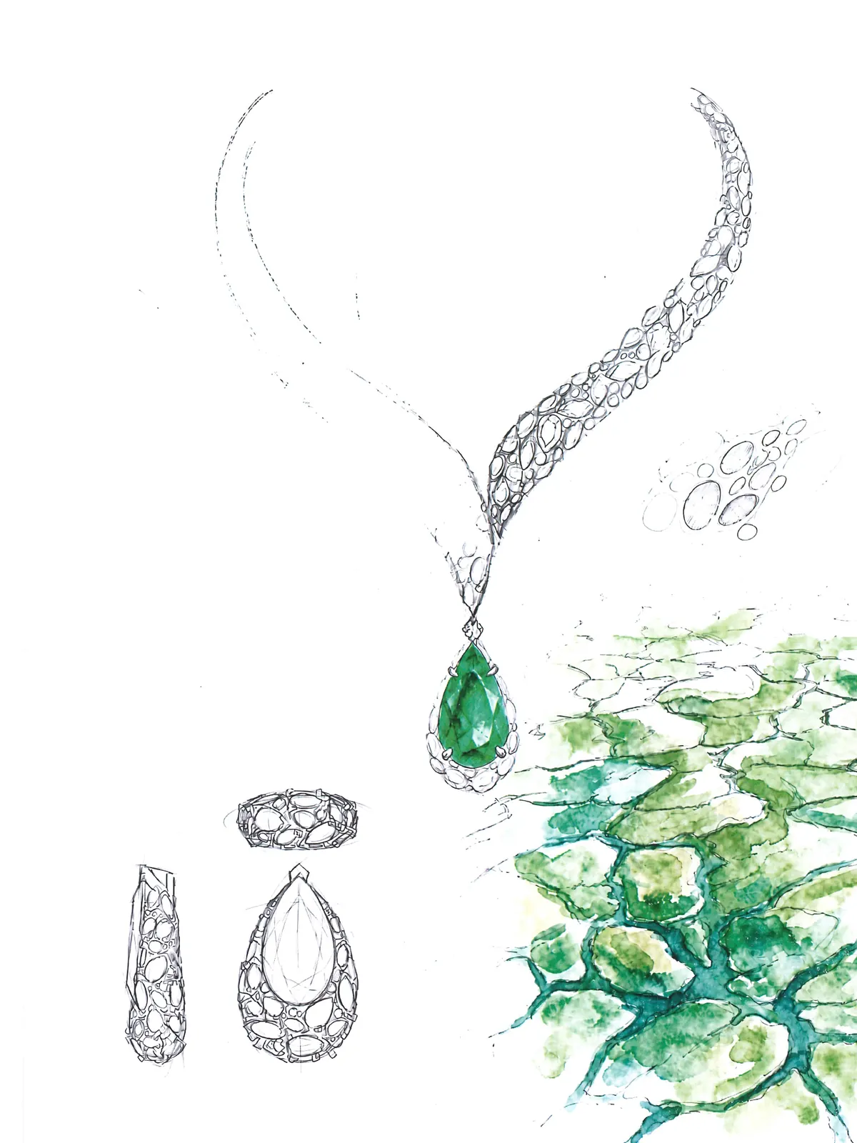 Messika Delta Sacré necklace with 12.81-carat pear-shaped emerald and 600 diamonds from the Terres de Contrastes 2026 High Jewelry collection