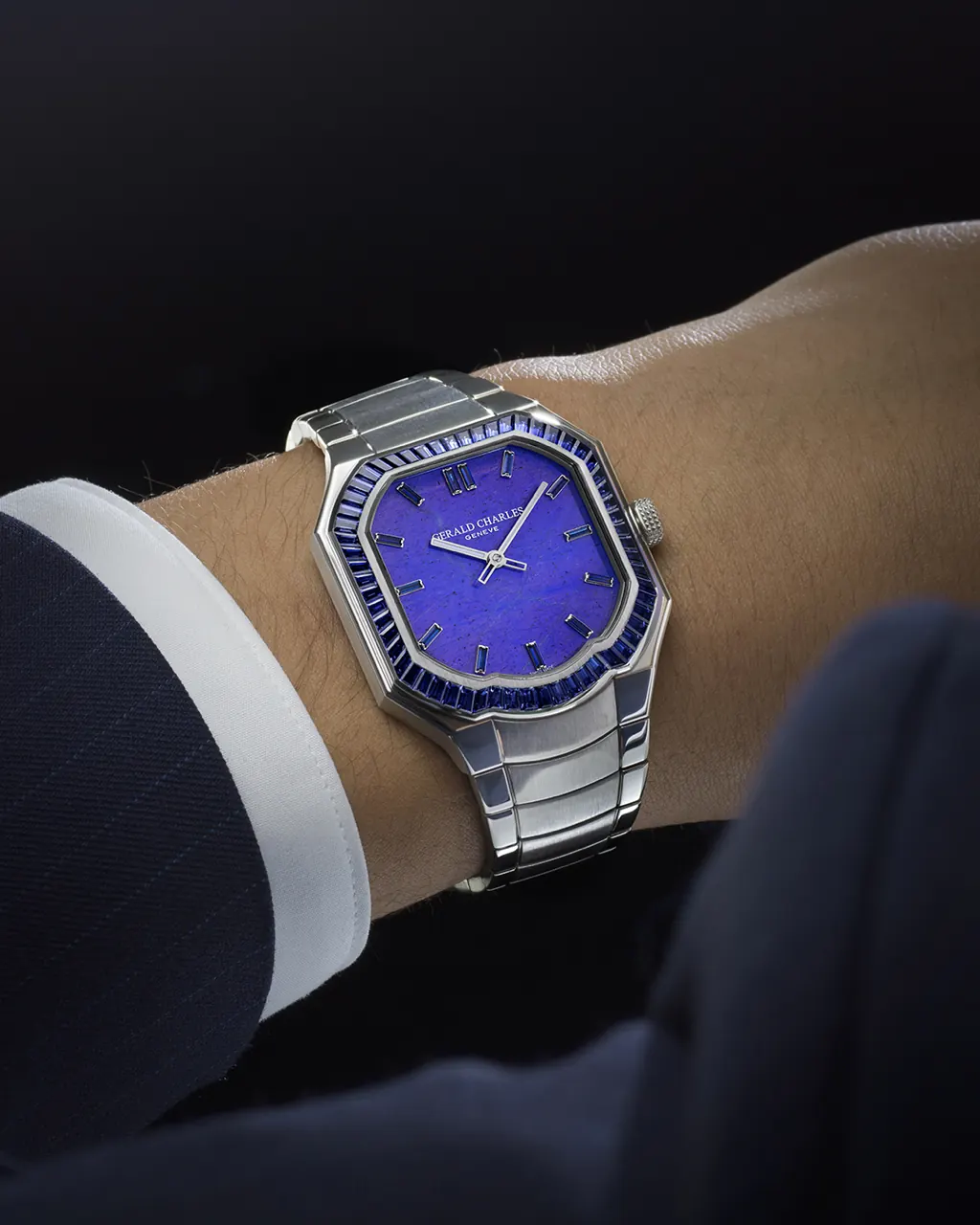 Gerald Charles Masterlink Gem Set Stone Dial spectrolite blue dial detail showing labradorescence