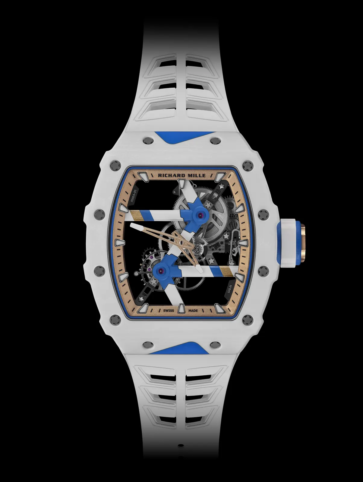 RM 64-01 skeletonised movement showing titanium bridges with star-shaped Colnago geometry