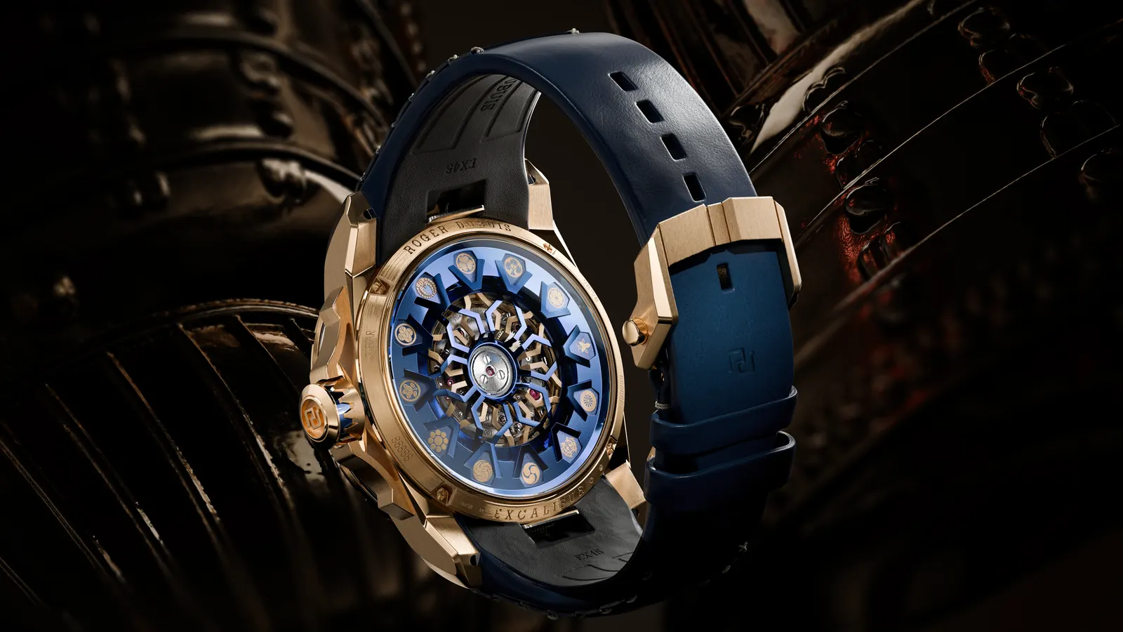 RD821 automatic calibre visible through open caseback of Roger Dubuis Excalibur Kabuto Legacy