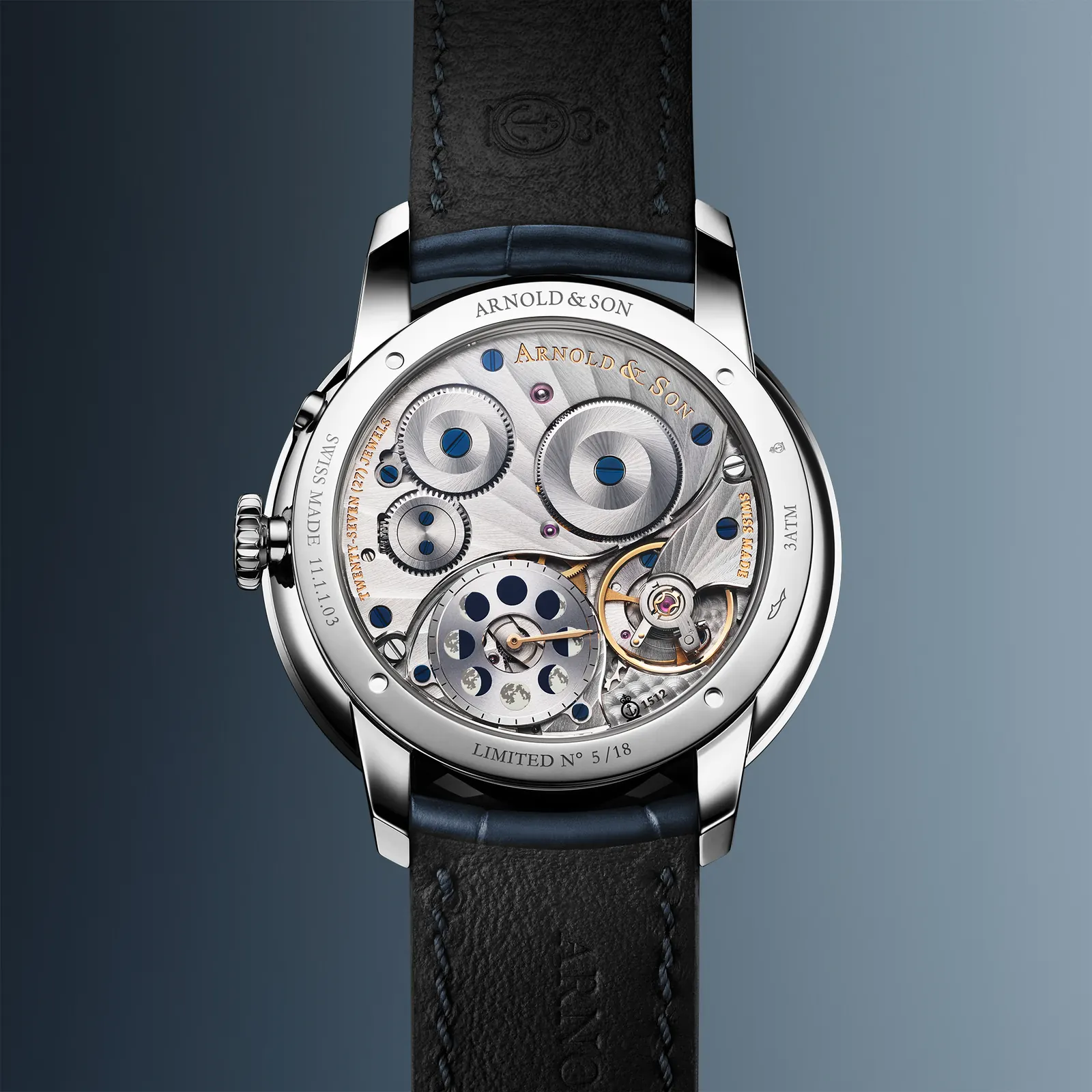 Arnold & Son Perpetual Moon 41.5 Steel Red Moon case back with secondary moon-phase display