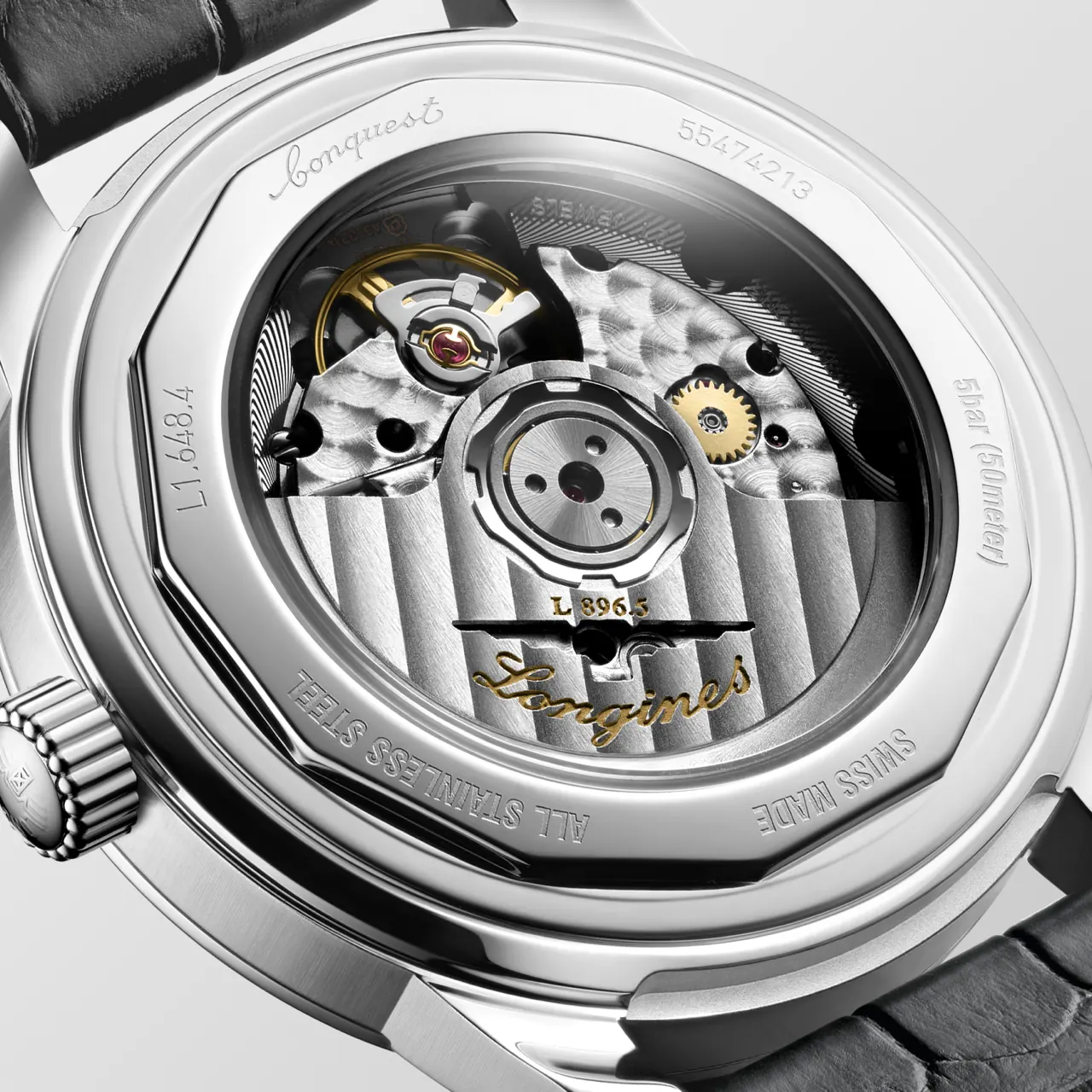 Longines calibre L896.5 self-winding movement with silicon balance-spring visible through screw-down case back