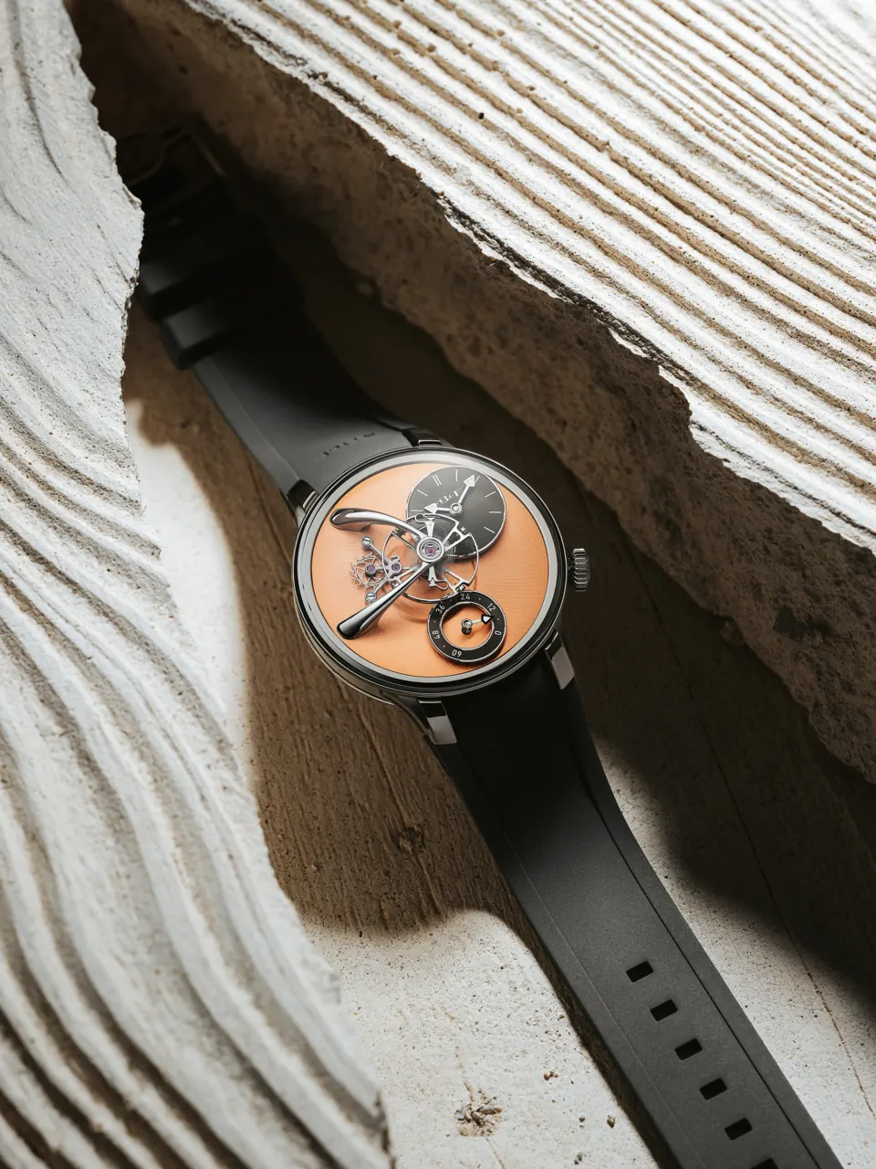 MB&F LM101 EVO NYC Edition side profile showing 40mm rose gold case and domed sapphire crystal