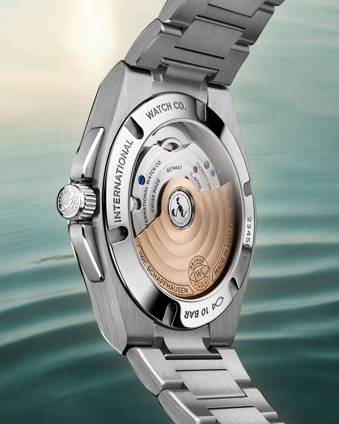IWC Ingenieur Automatic 35 caseback revealing Calibre 47110 with gold-plated oscillating mass