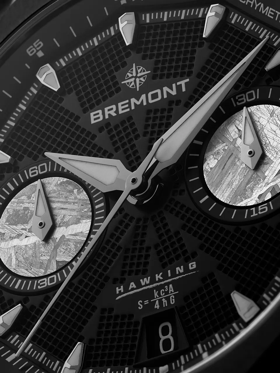 Bremont Supernova Hawking exhibition case back with swirling black hole motif and decorated BC77 rotor