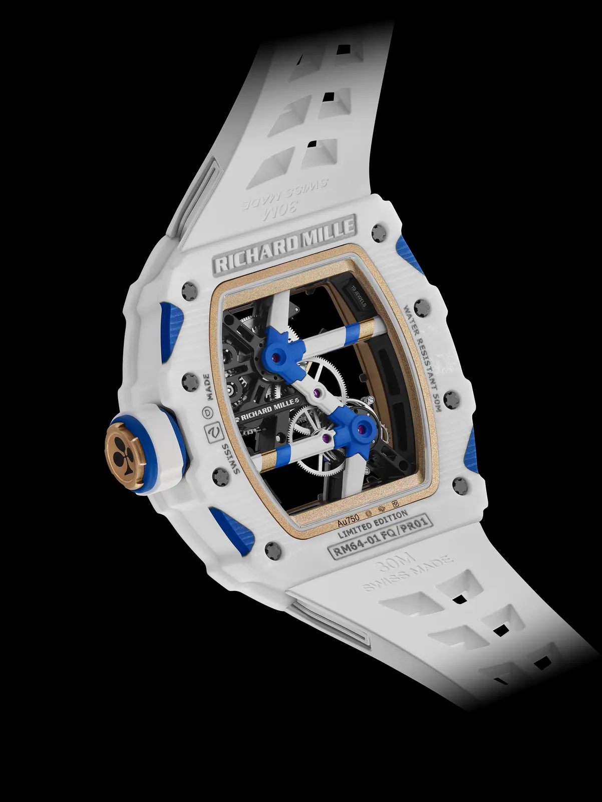Richard Mille RM 64-01 Tourbillon Colnago dial detail with 5N red gold hands and Ace of Clubs crown cap