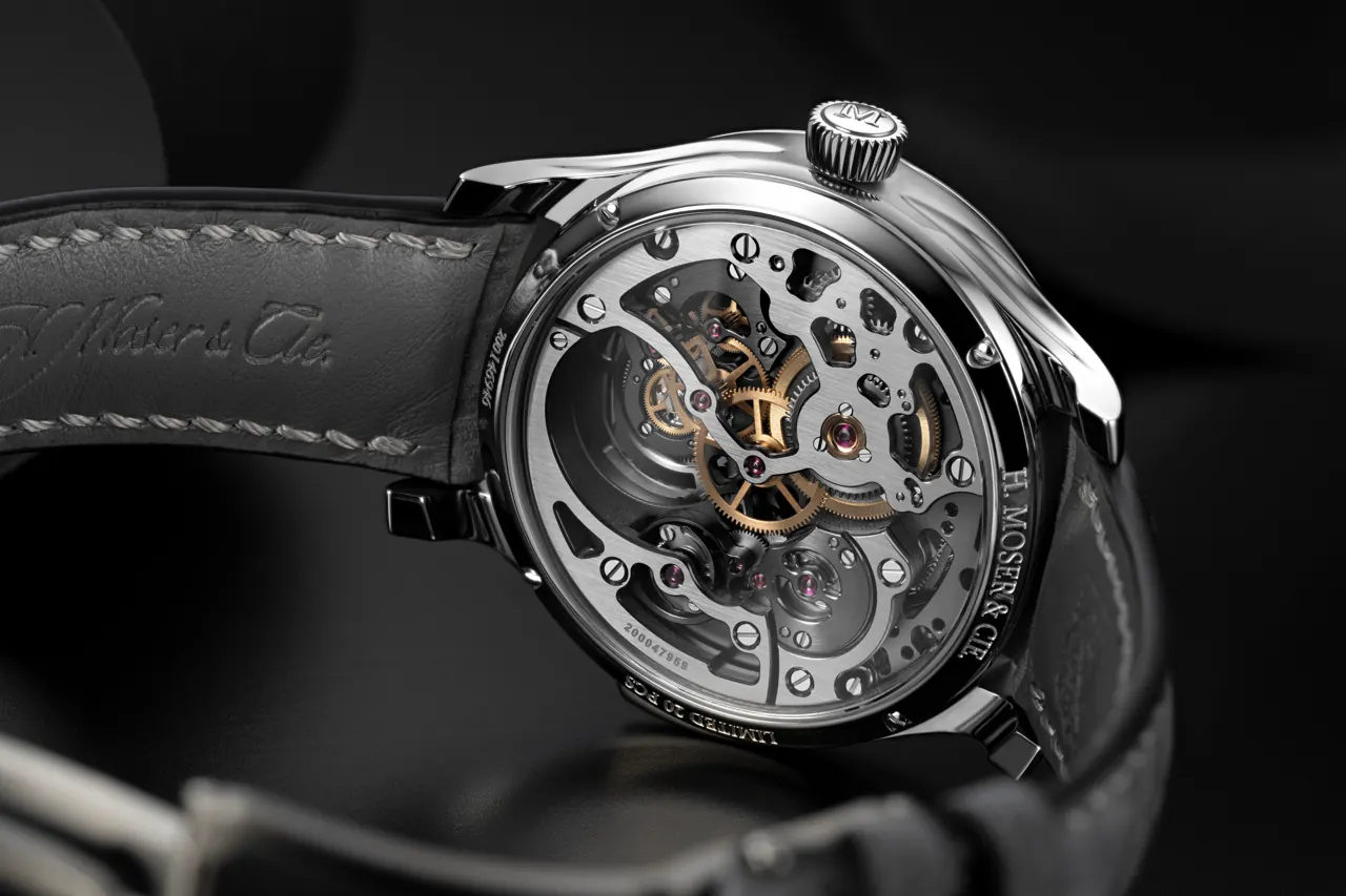 H. Moser & Cie. Cosmic Rain movement detail showing cylindrical hairspring and flying tourbillon at 6 o'clock