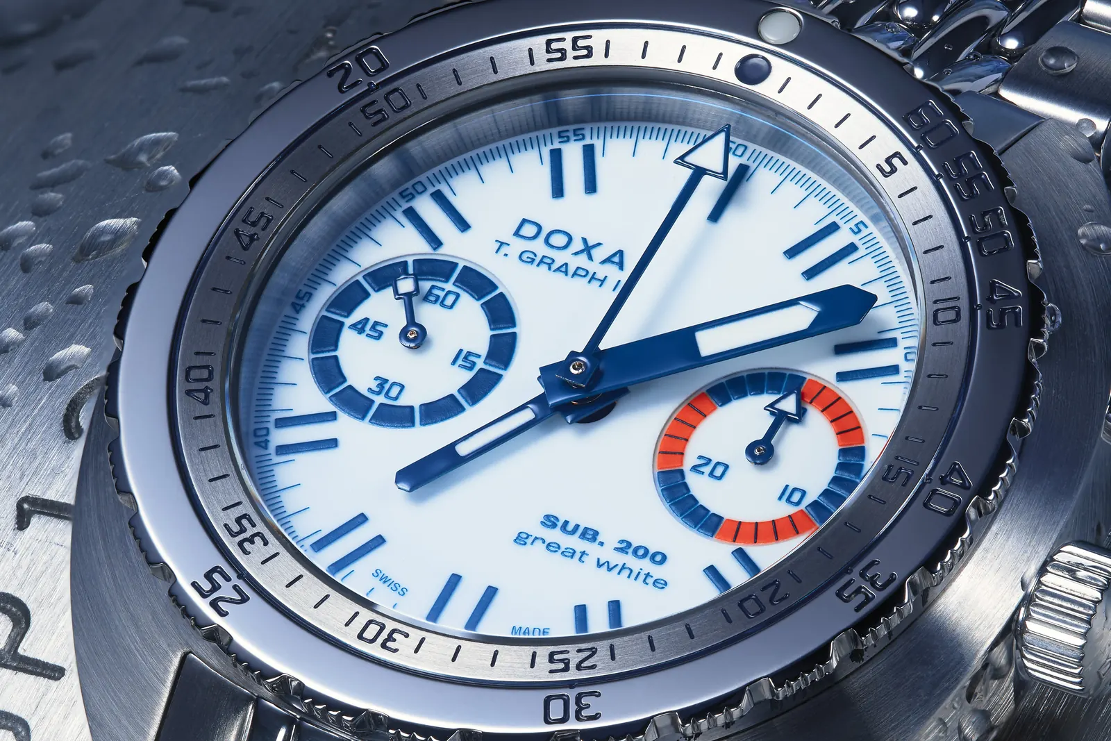 DOXA SUB T.Graph II Great White Topper Edition on stainless steel beads-of-rice bracelet