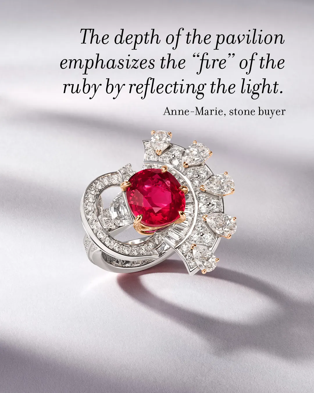 Van Cleef & Arpels Ronde du rubis ring detail showing the dual rose gold and white gold setting with diamond surround