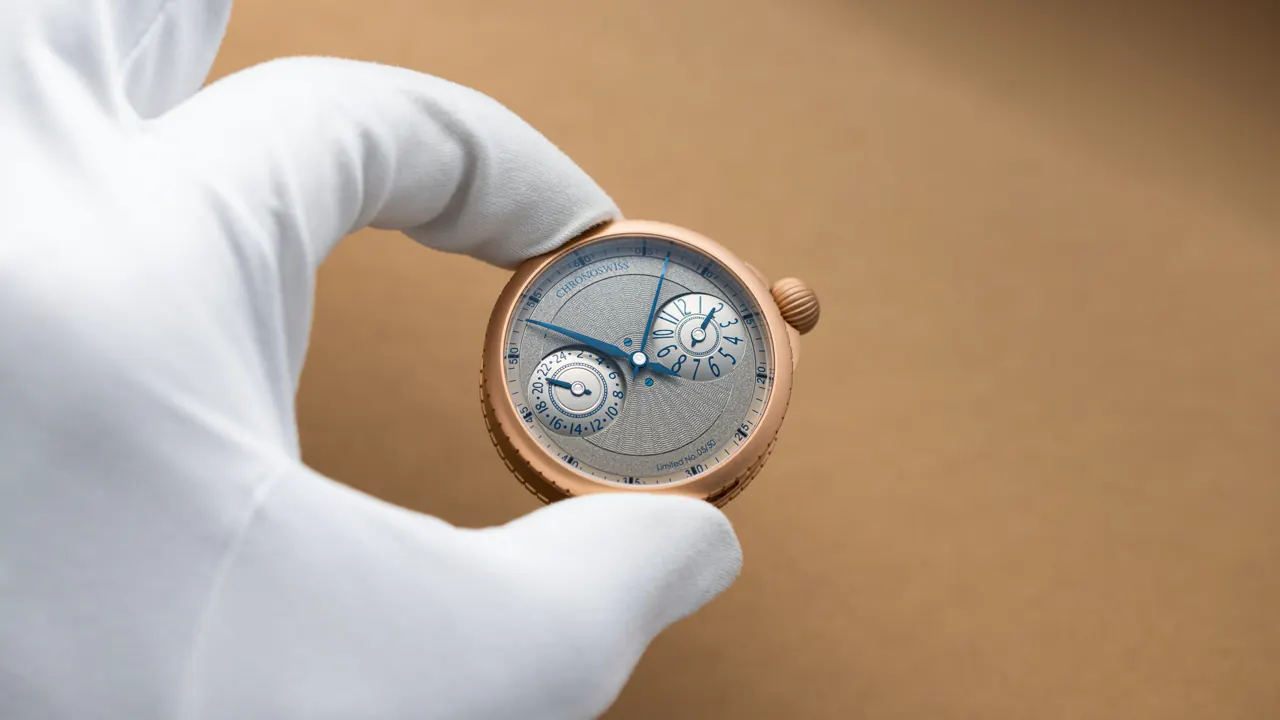 Chronoswiss Caliber C.6002 skeletonised tungsten rotor and movement detail