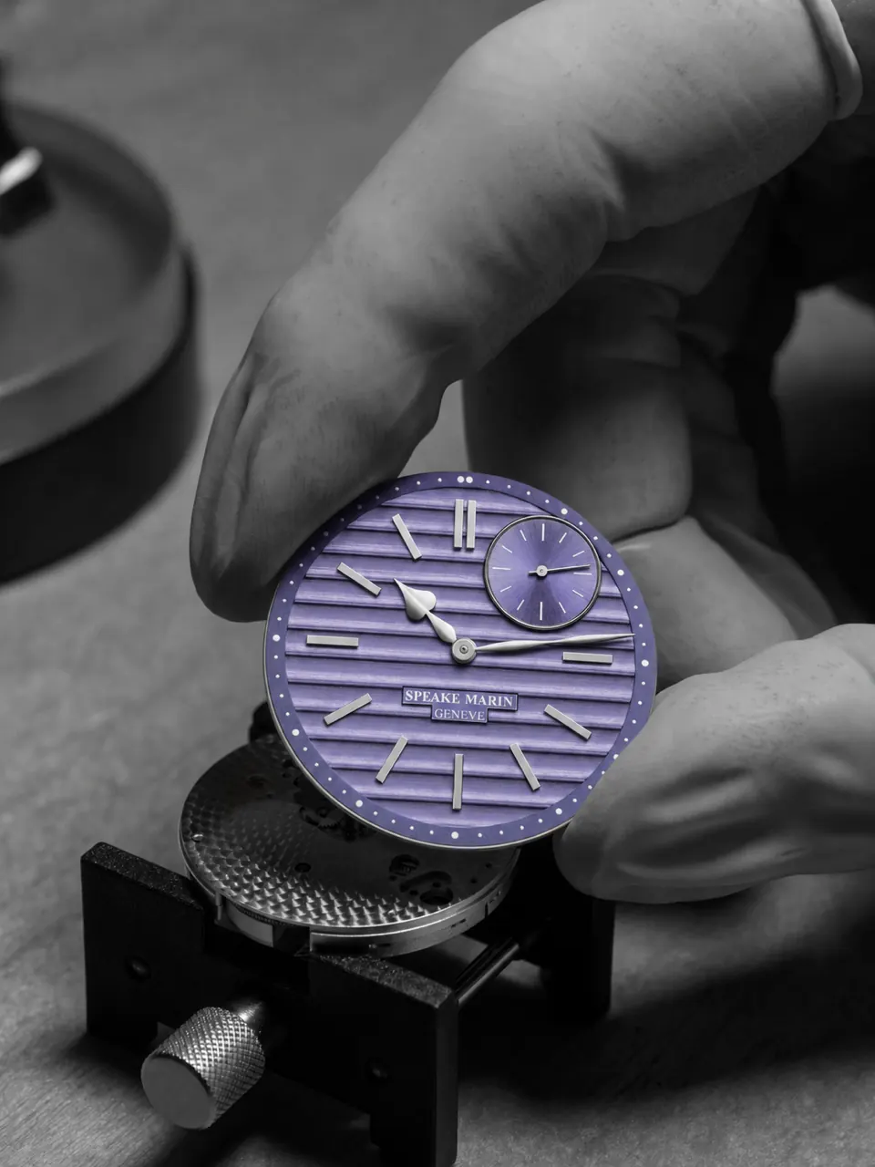 Speake Marin Ripples Portobello lavender leather strap with embossed denim motif