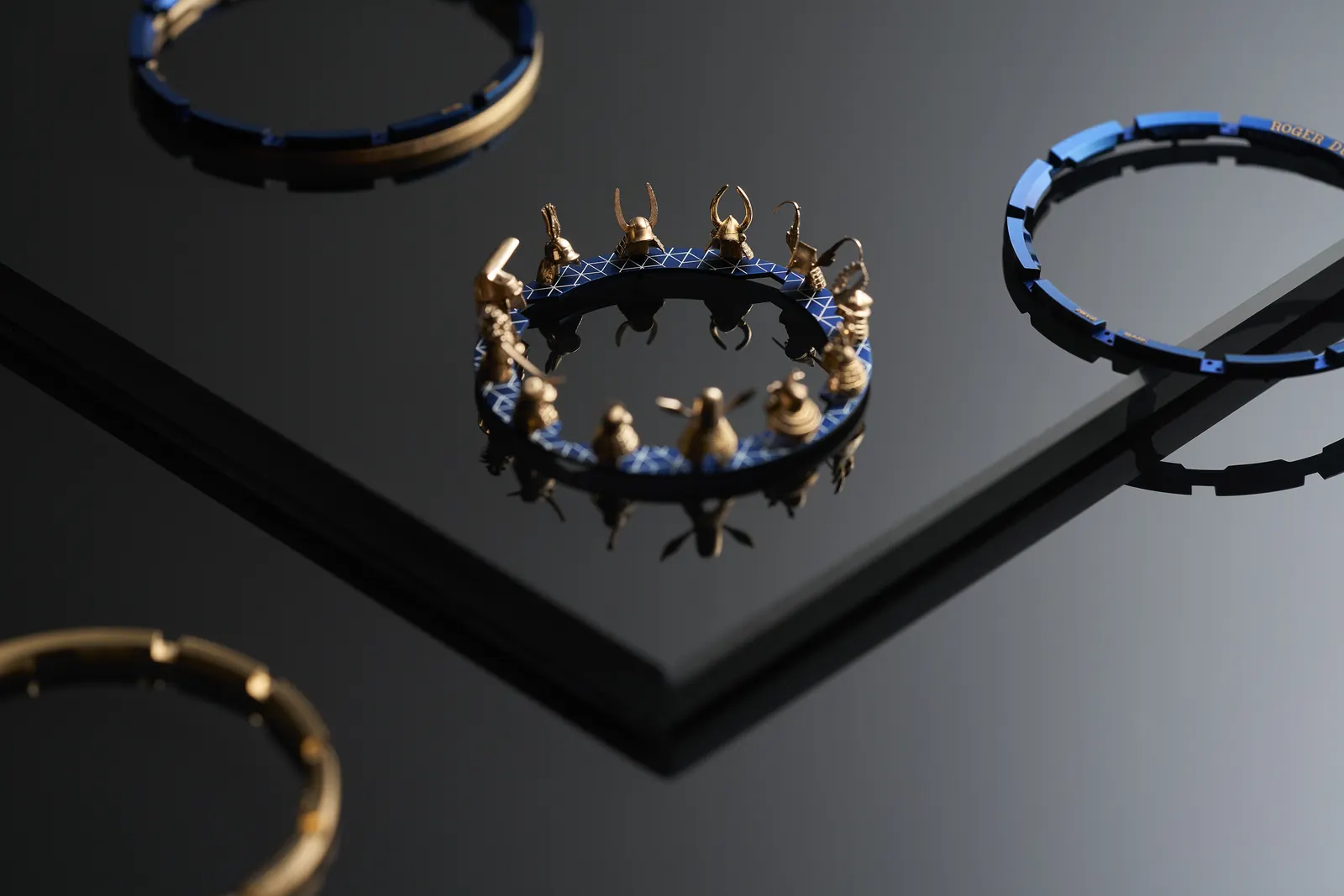 Blue calf-skin leather strap with stitched armour-tile detailing on Roger Dubuis Excalibur Kabuto Legacy