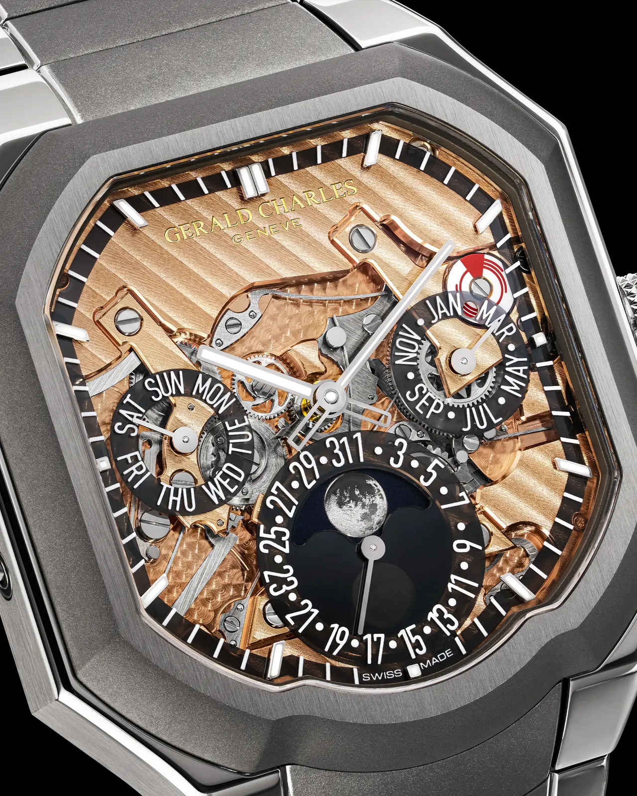 Gerald Charles Maestro 2.0 Meteorite caseback revealing Calibre GCA2011 with honeycomb motif