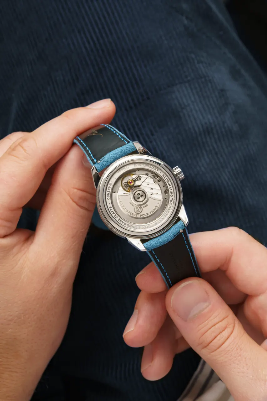 AWAKE Royal Blue caseback with La Joux-Perret G101 movement and custom tungsten rotor
