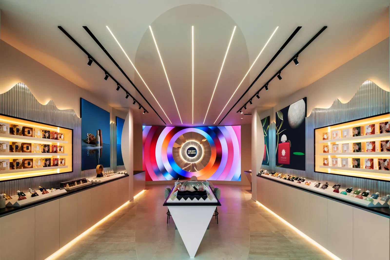 Amouage Aventura Mall Miami boutique interior with neon magenta and cyan synthwave lighting