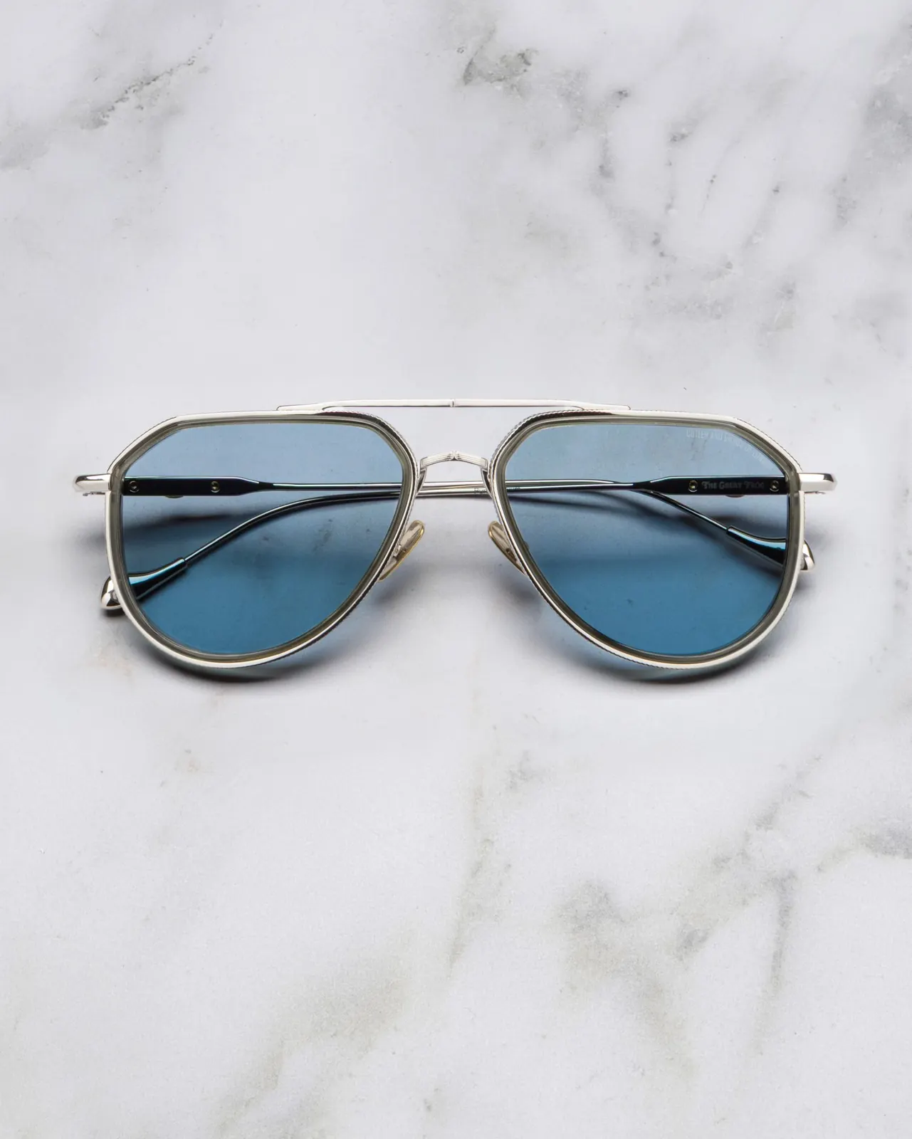 Cutler and Gross x The Great Frog Triumph Aviator sunglasses in Japanese titanium with Baroque sterling silver rim detailing and cabochon onyx temples