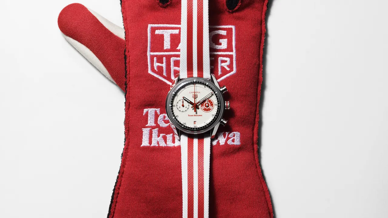TAG Heuer Carrera Chronograph x Team Ikuzawa white dial with red accents on steel bracelet