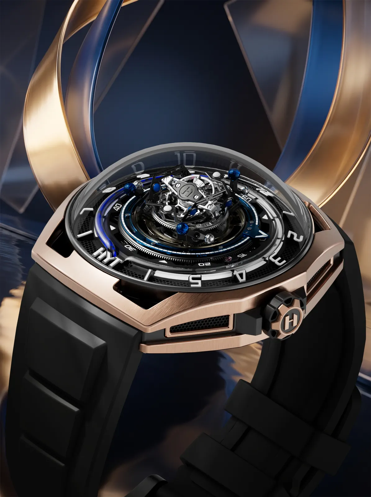 HYT Conical Tourbillon Midnight Blue ref H03000-A front view showing blue fluidic capillary and 5N gold case