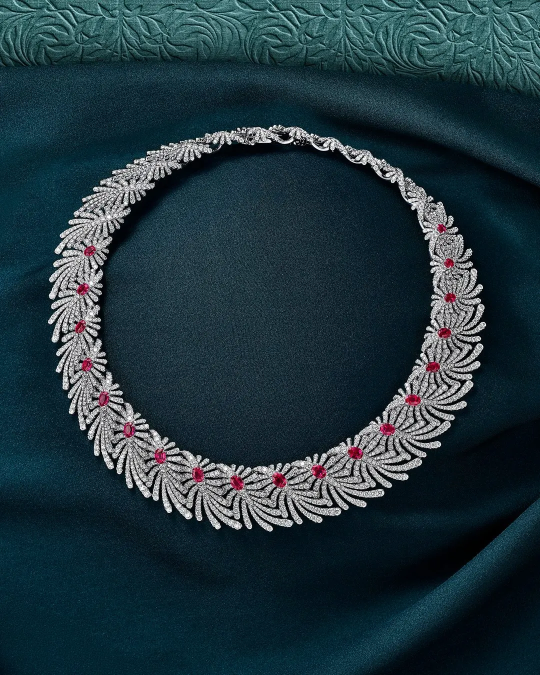 Tiffany Blue Book 2026 Palm chapter Ruby Suite necklace and brooch in platinum with unenhanced Mozambique rubies and diamonds