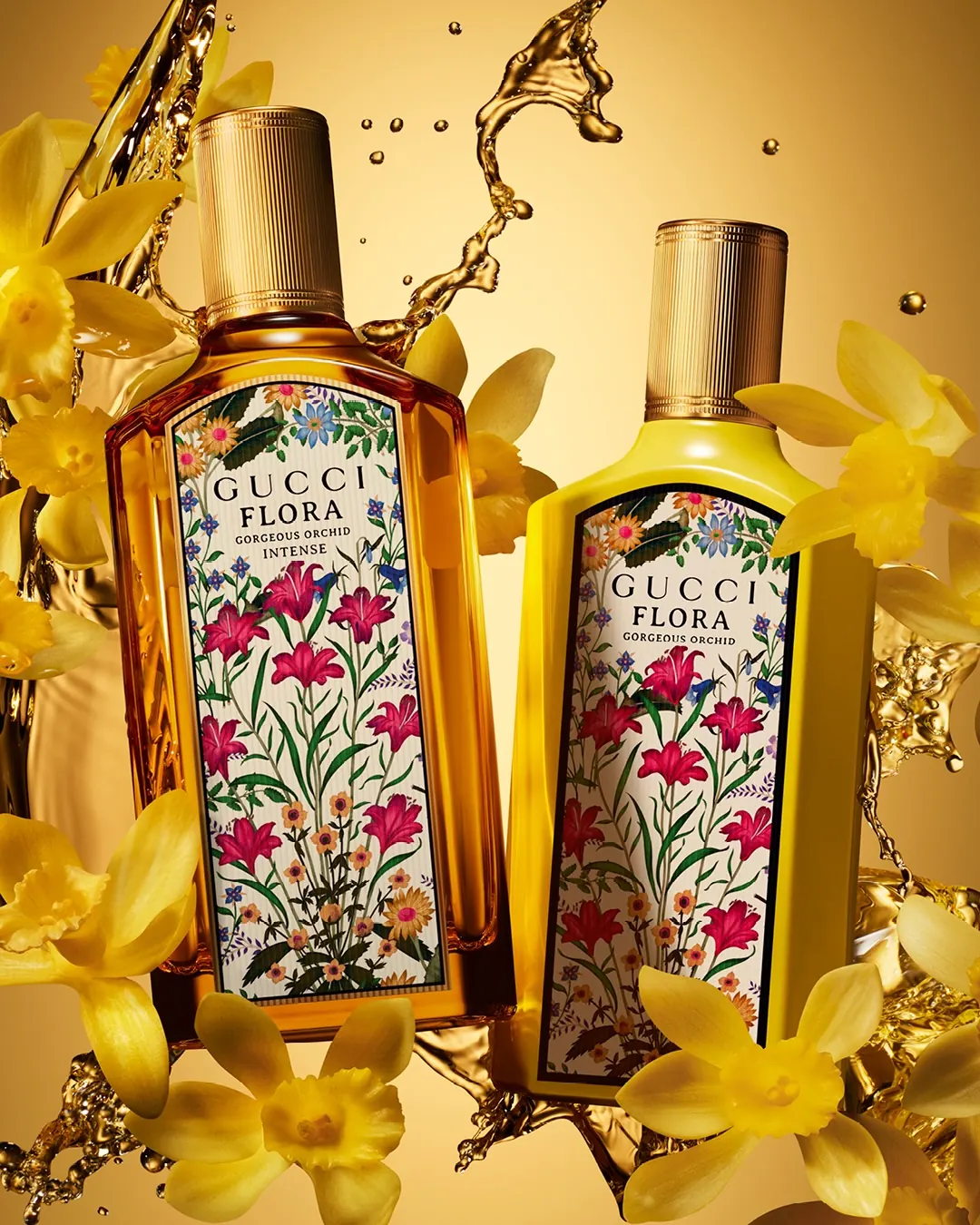 Gucci Flora Gorgeous Orchid Eau de Parfum Intense golden bottle with Flora print, 2026