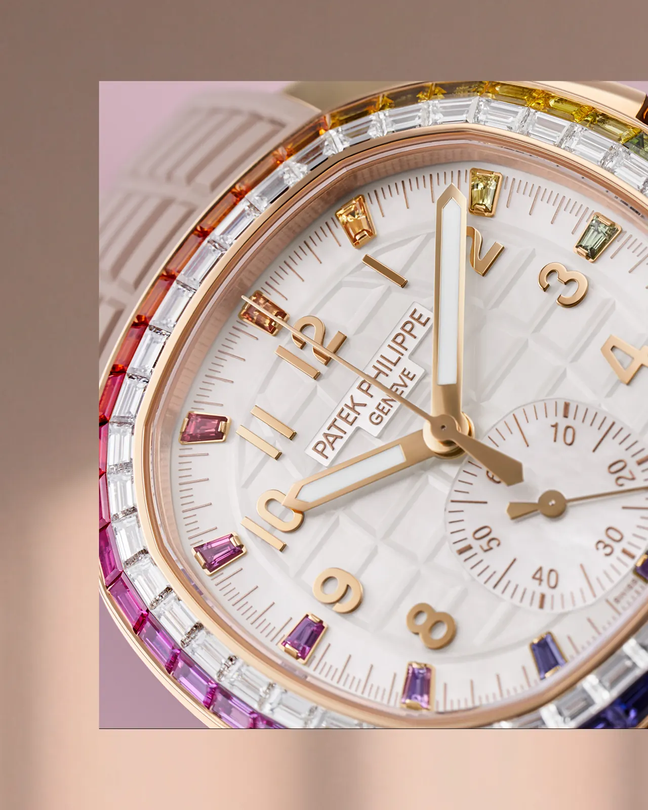Patek Philippe Aquanaut Luce Rainbow Chronograph Ref. 7968/300R-001 rose gold double bezel with multicoloured sapphires and diamonds