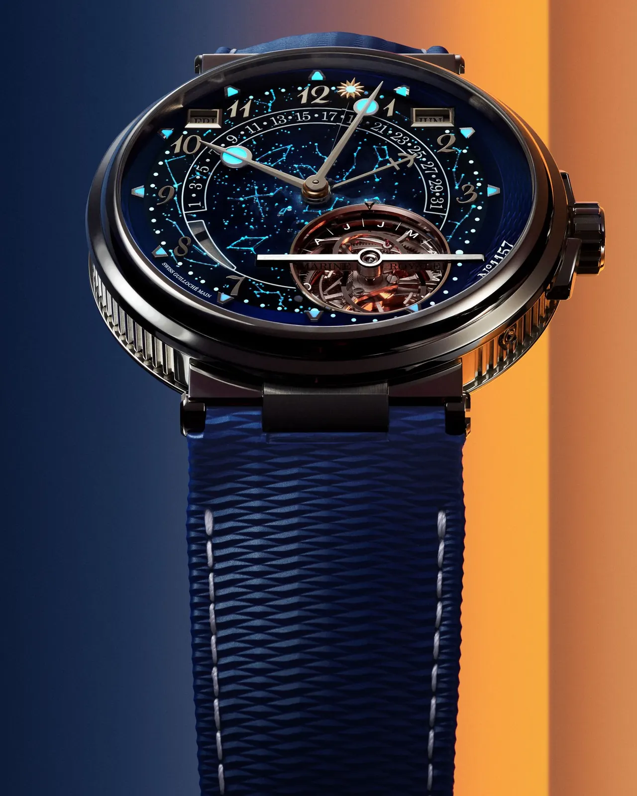 Breguet Marine Équation Marchante 5887 dial showing solar minute hand and perpetual calendar