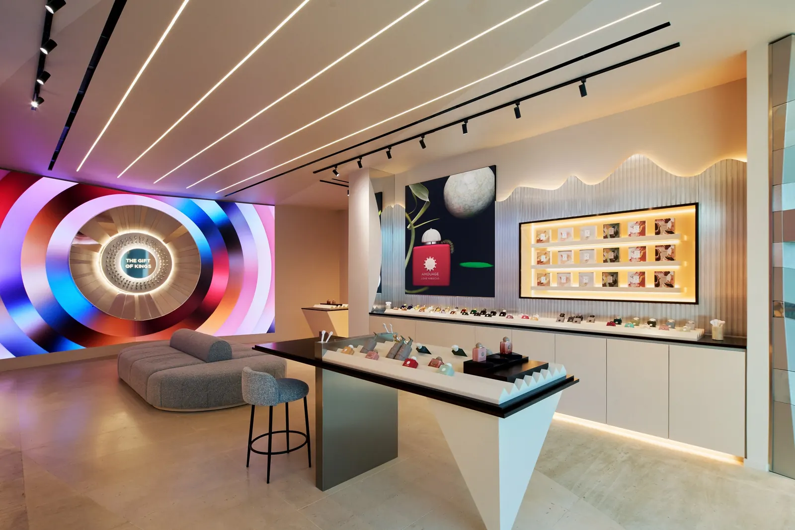 Amouage Miami boutique fragrance display with electric colour palette inspired by 1980s Miami