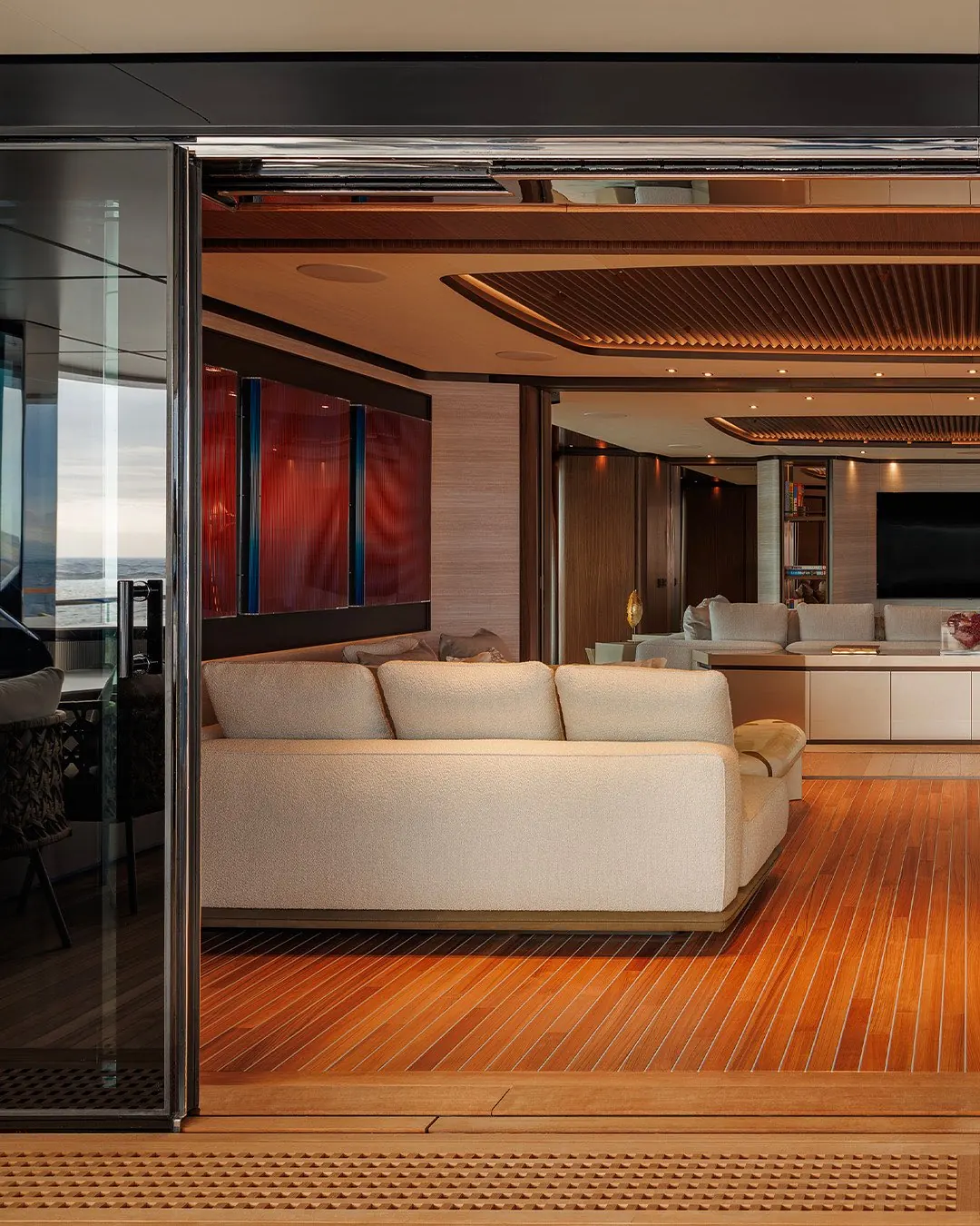 Living Ficus nitida tree rising through two decks aboard Sanlorenzo 74Steel Virtuosity