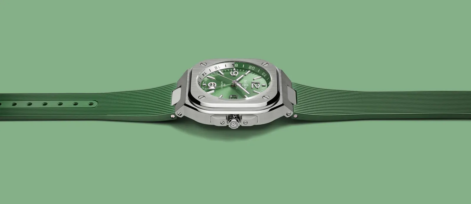 Bell & Ross BR-05 GMT Green Steel 41mm case with integrated steel bracelet, satin and polished finish