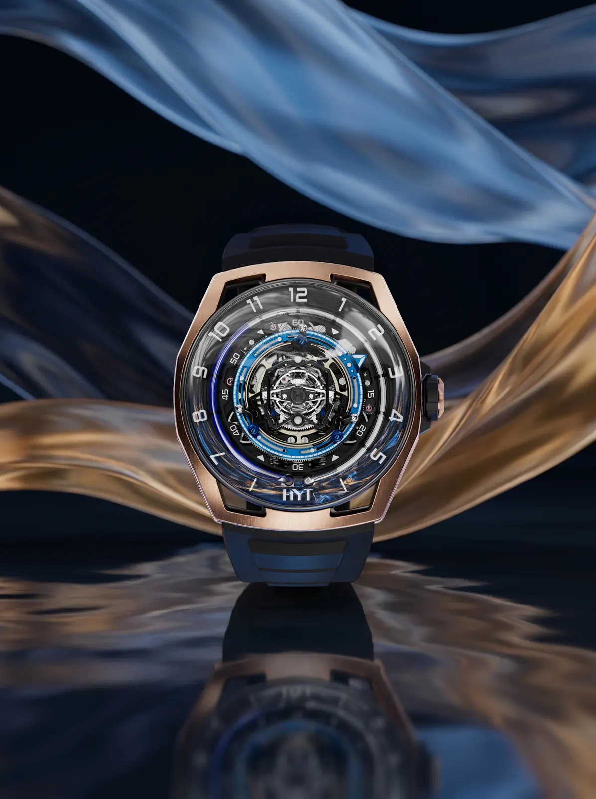 HYT Conical Tourbillon Midnight Blue dial close-up with three blue liquid spheres orbiting conical tourbillon