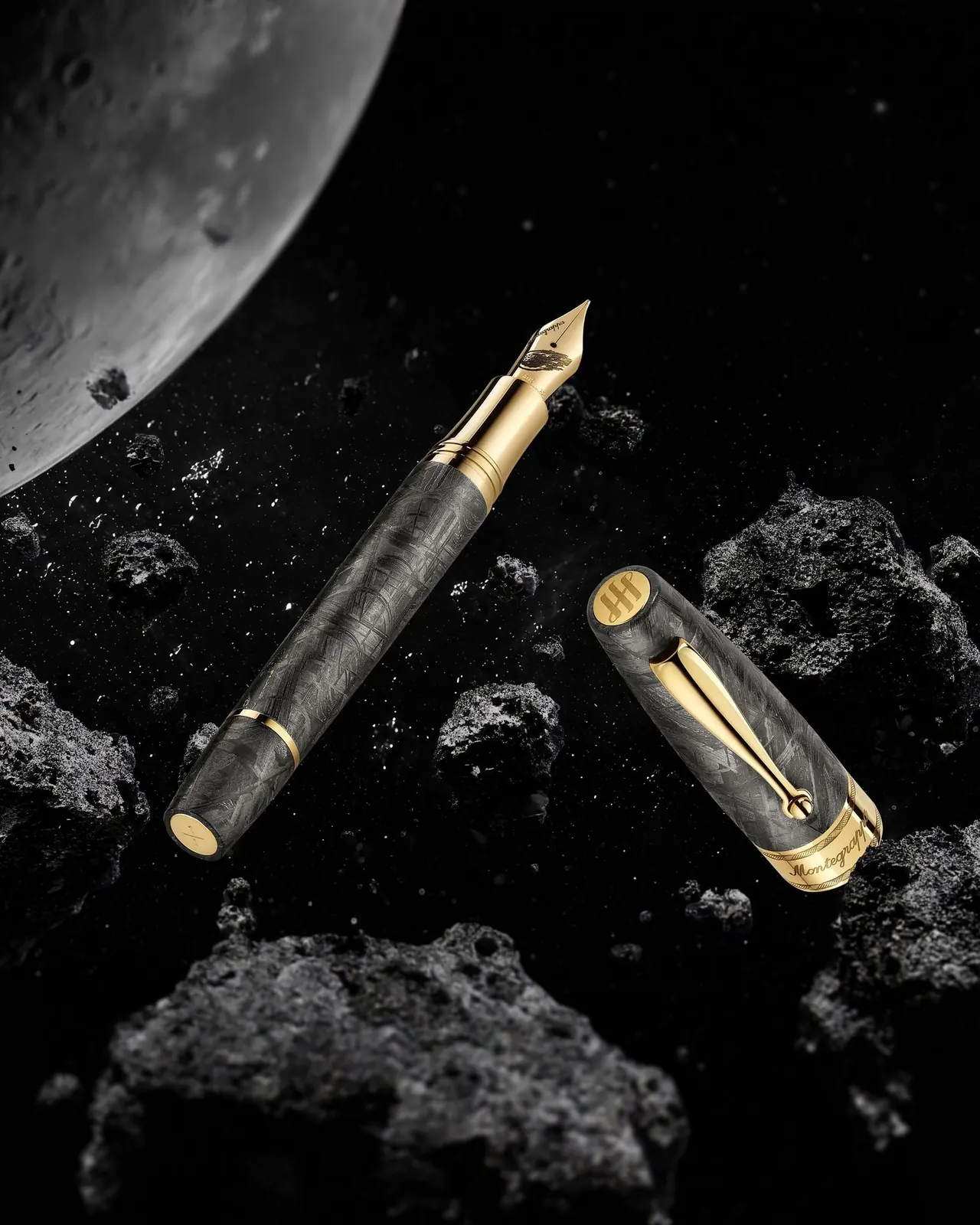 Close-up of 18-karat gold constellation engravings on Montegrappa Muonionalusta Meteorite Edition cap
