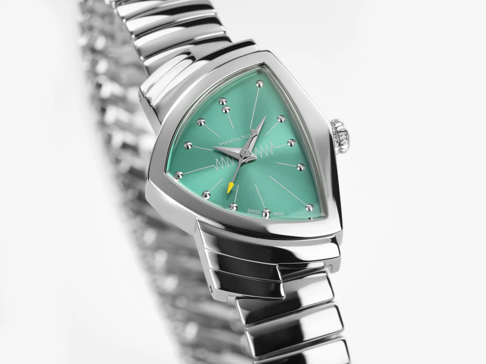 Hamilton Ventura Quartz S yellow-tipped seconds hand and hibiscus-inspired dial detail