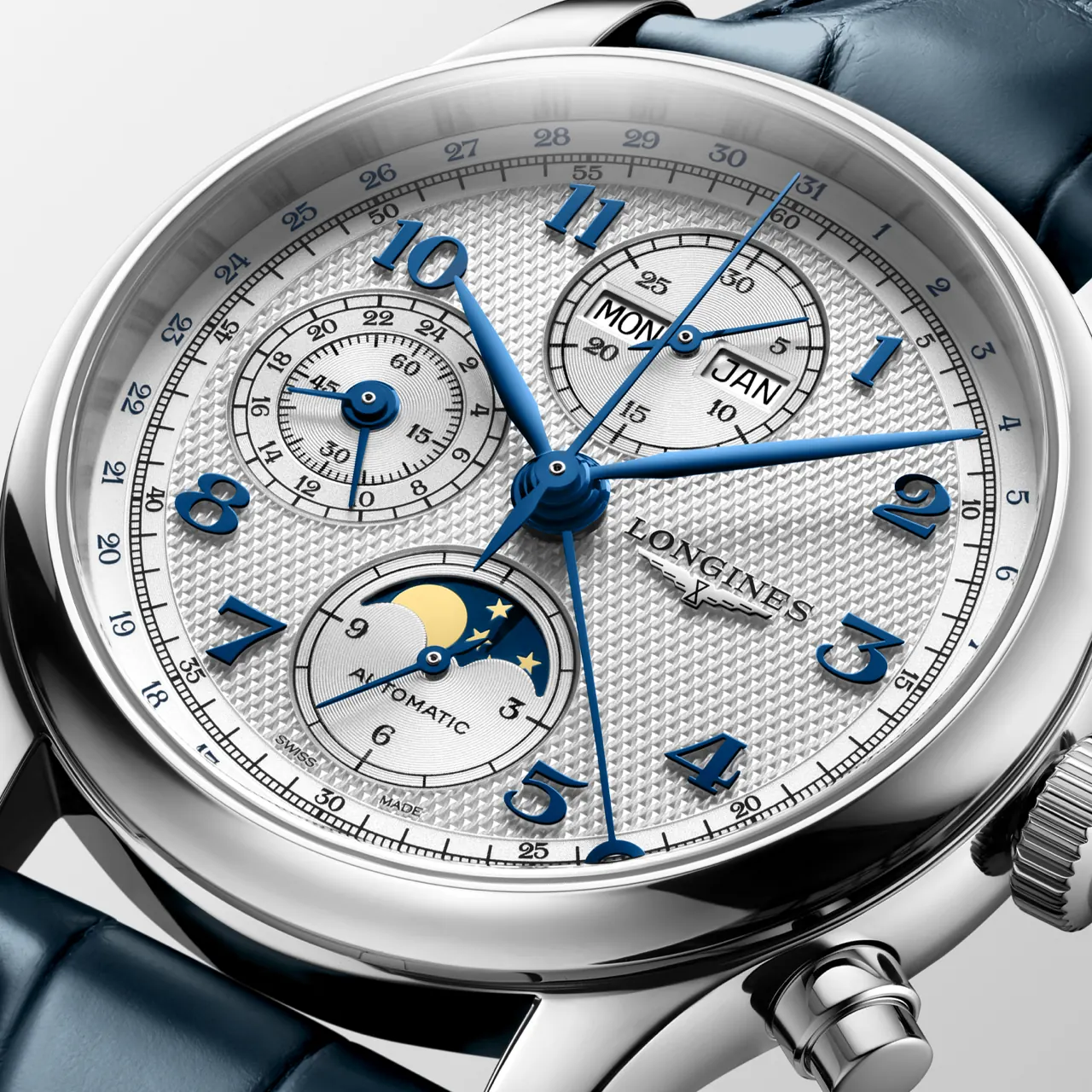Longines Master Collection three-hand 41mm light blue barleycorn dial stainless steel bracelet