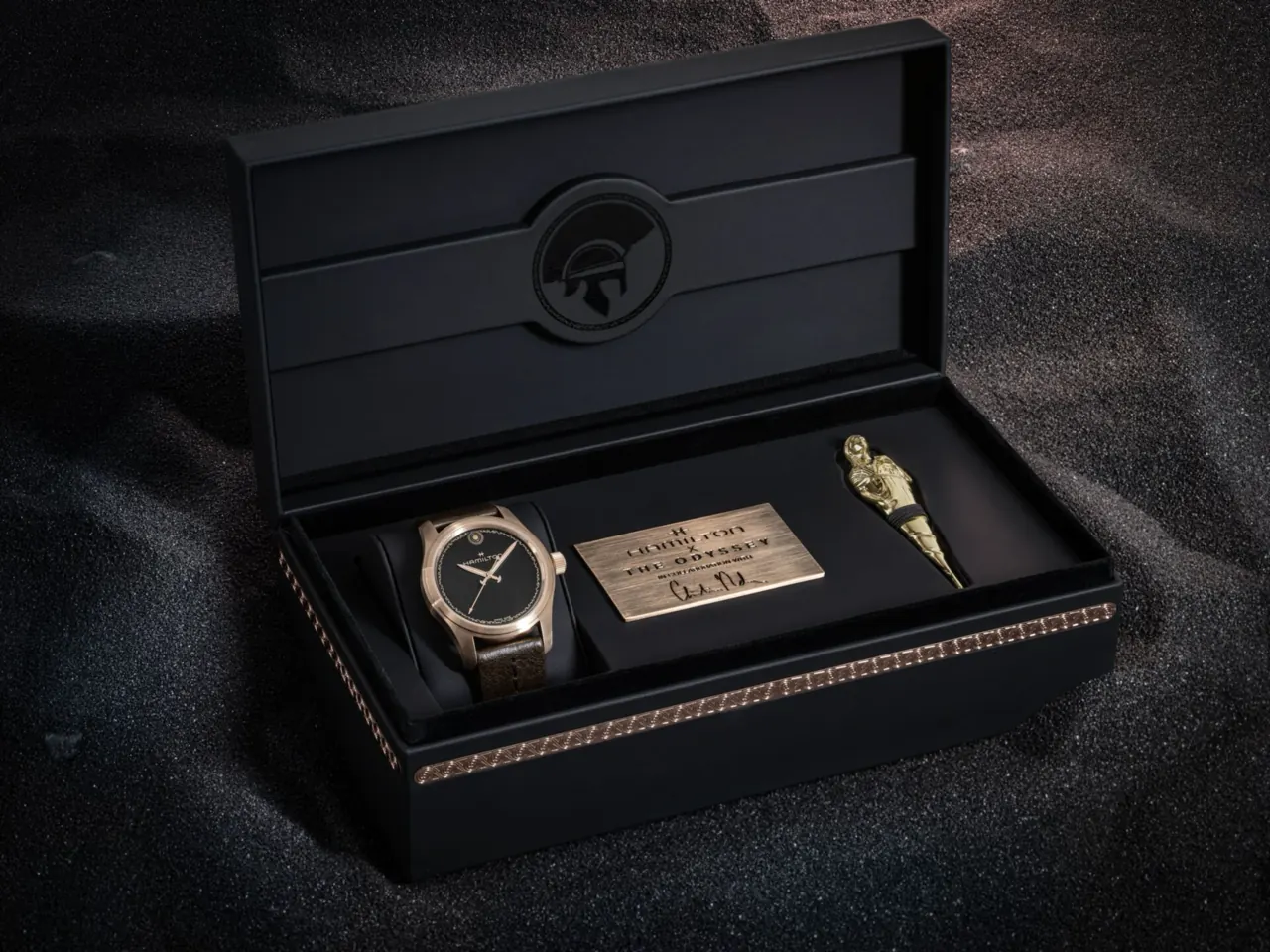 Hamilton x The Odyssey sword-shaped hands and bronze-pattern dial close-up