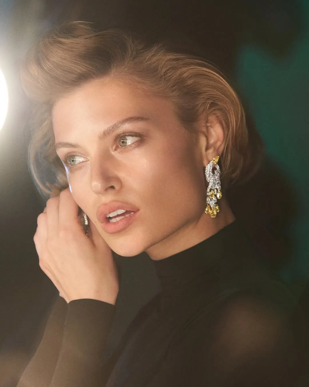 Graff Tilda's Bow campaign jewellery suite including necklace earrings and ring in white gold
