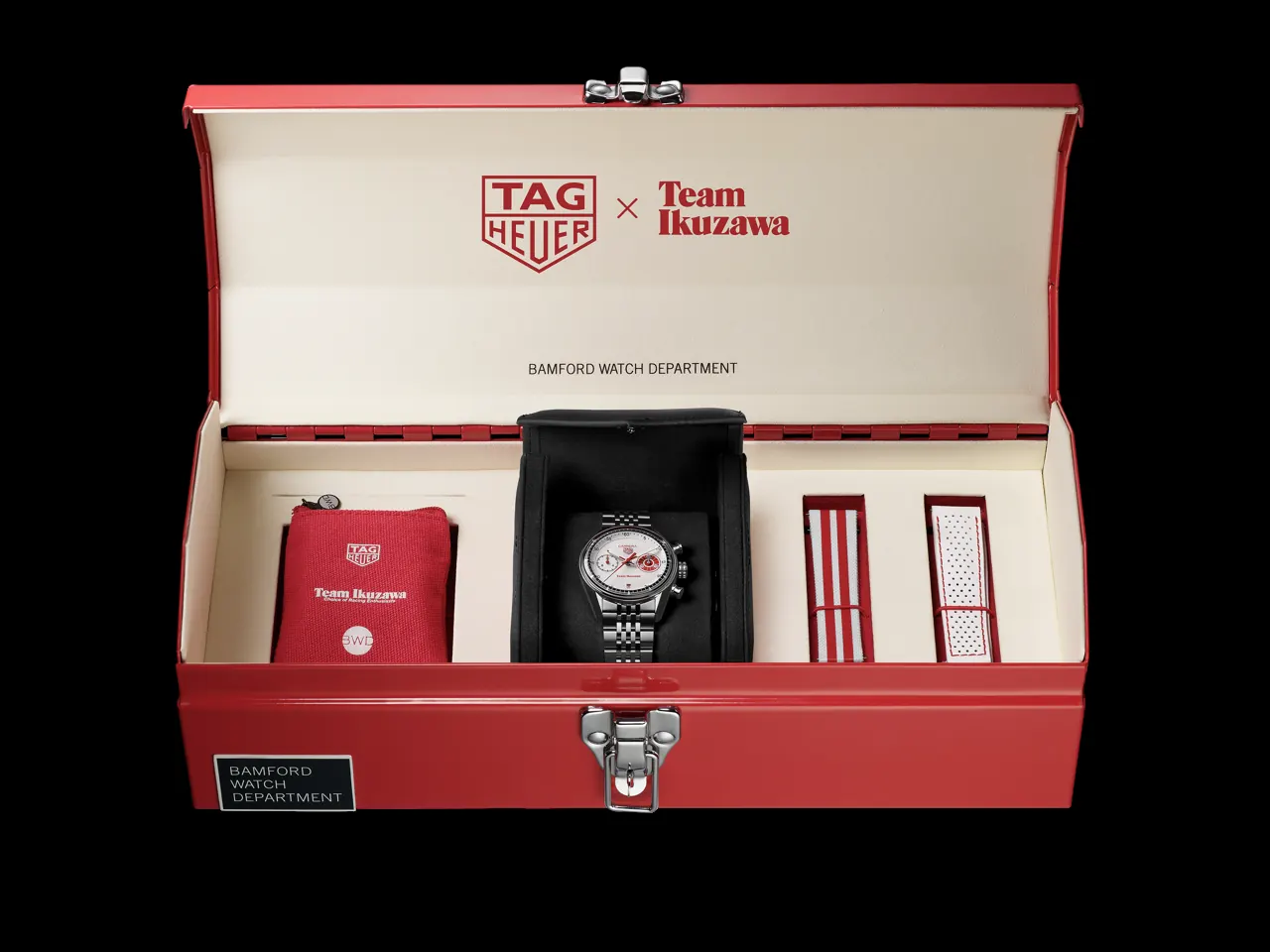 Perforated white leather strap with red stitching on the TAG Heuer Carrera x Team Ikuzawa
