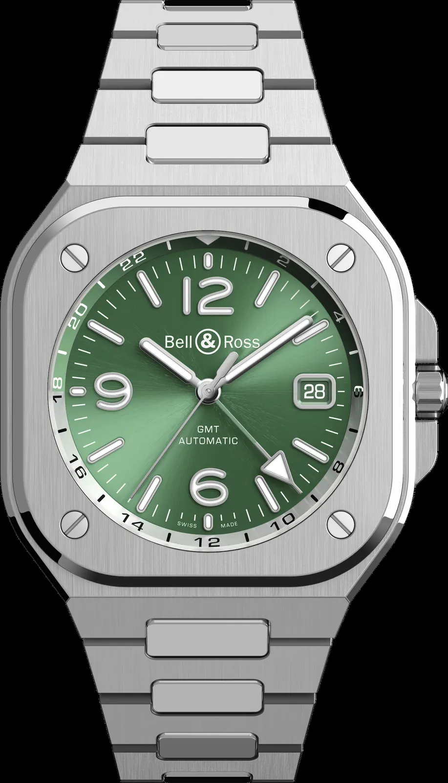 Bell & Ross BR-05 GMT Green Steel dial angle showing sunray reflections and rhodium-plated indices
